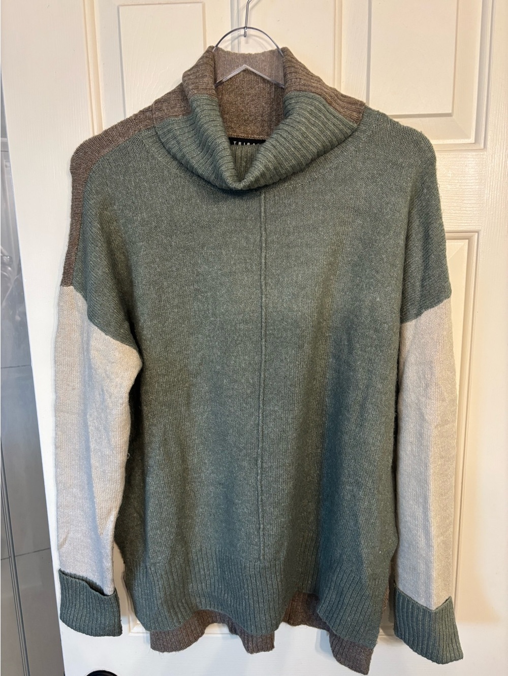 Tribal Cozy Colorblock Turtleneck Sweater - Green-Beige-Cream